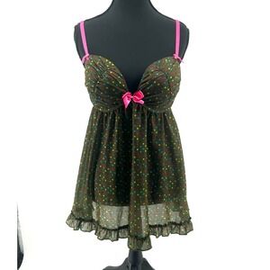 La Senza Babydoll Polka Dot Pink Bows Ruffle Hem Size LG Olive Green